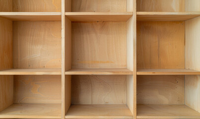 Close up of an empty wooden built-in bookshelf in a bright room with natural light