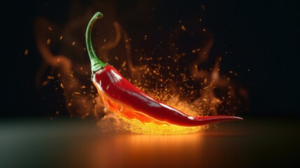 Bright red hot chili pepper with a splash of water and a star-like light in an abstract space