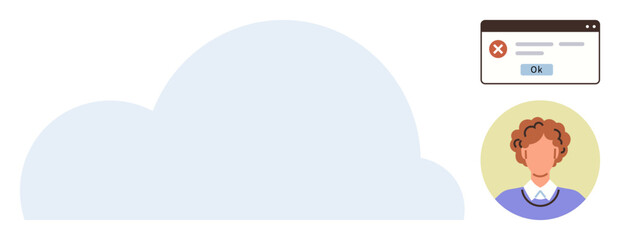 Cloud-shaped object, user portrait, error message pop-up indicating failure. Ideal for cloud computing, data synchronization, user error, IT troubleshooting, warning, support systems simple flat
