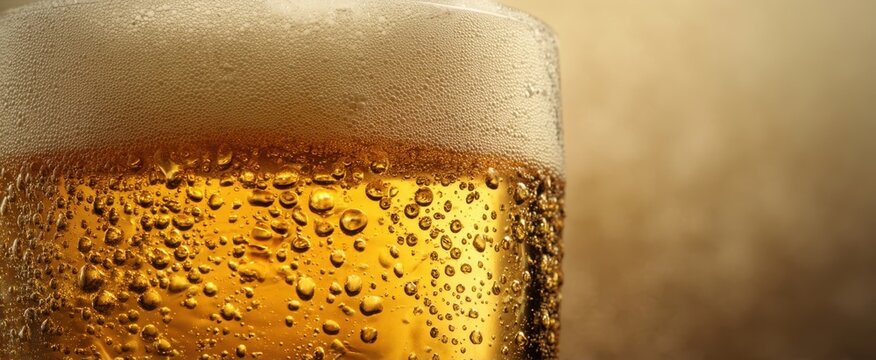 The sparkling beer glass with frothy foam and condensation.