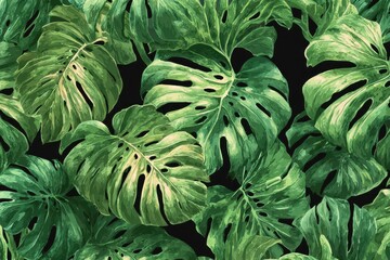 Obraz premium Tropical seamless pattern featuring vibrant green exotic leaves in a lively arrangement ideal for fabric or wallpaper design