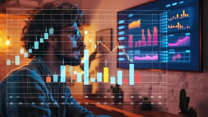 Man watching data charts on a screen, analyzing business trends - Powered by Adobe