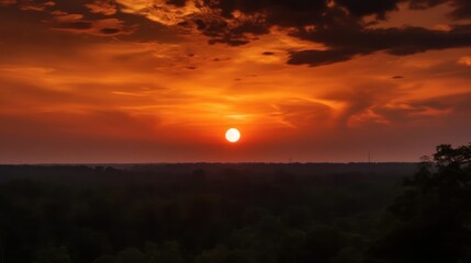 Golden hues paint the sky as the sun dips below the mountain and field landscape, casting beautiful orange and red light across the clouds and trees on the horizon