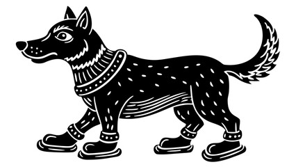 Obraz premium Black dog wearing ice skates and walking on white background 