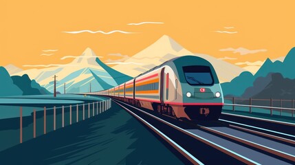 Journey of a powerful locomotive on a mountain railway bridge under the vast sky
