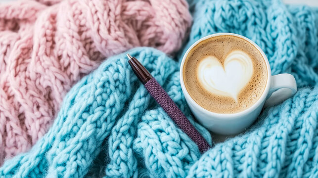 A comforting cup of coffee with heart latte art nestled in soft, colorful knitted blankets with a pen, embodying cozy autumn relaxation.