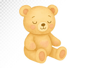 Cute watercolor teddy bear illustration in soft pastel colors, perfect for baby shower invitations, nursery wall art, greeting cards, and adorable newborn celebration designs. Vector illustration.