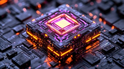High-tech glowing chip on circuit board