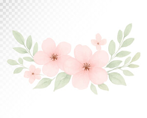 Delicate watercolor floral arrangement with soft pastel pink flowers and green leaves, baby shower invitations, greeting cards, and elegant celebration designs. Vector illustration.