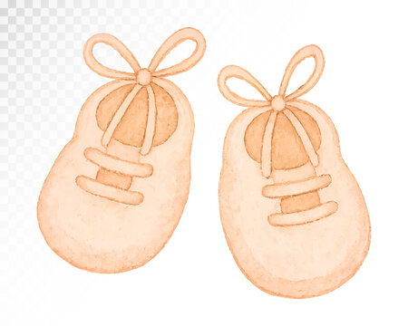 Watercolor baby booties illustration in soft pastel shades, perfect for baby shower invitations, nursery prints, greeting cards, and adorable newborn celebration decorations. Vector illustration.