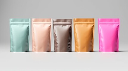Colorful plastic bags and bottles are isolated on white, some packaging blank for food or tea