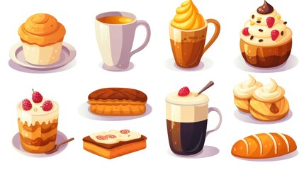 Cartoon set of cakes, chocolate cake, and fast food icons isolated on white for menu illustration