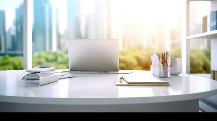 A laptop with a coffee cup sits on an empty desk in a modern office interior