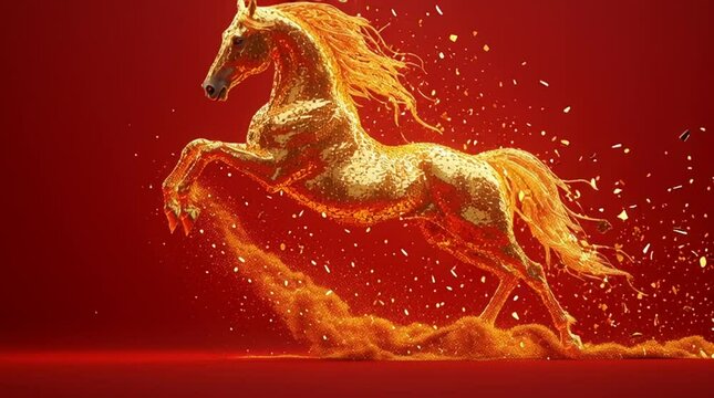 Simple stroke of golden horse illustration silhouette on red background, of Chinese new year, year of the horse	
