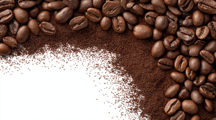 coffee beans and powder on corner with white center, ai