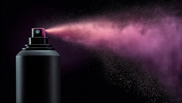 Spray Paint Emitting Pink Mist on Black Background, A close-up of a black spray can releasing a vibrant pink mist into the air, captured against a dark background, representing creativity, color, and