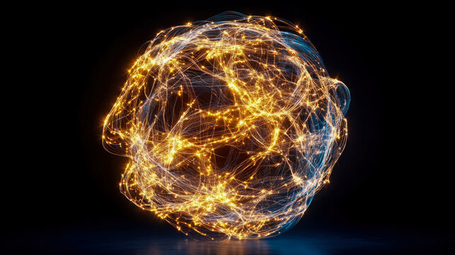 Abstract sphere of glowing light trails and interconnected points, symbolizing a global network or data flow, ideal for technological presentation materials.