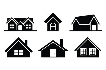 Various black house icons with windows and doors home building