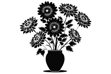 Black Silhouette Vase with Blooming Chrysanthemums Vector Image Graphic Illustration Art