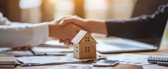 The handshake finalizes the real estate agreement over a wooden house model.