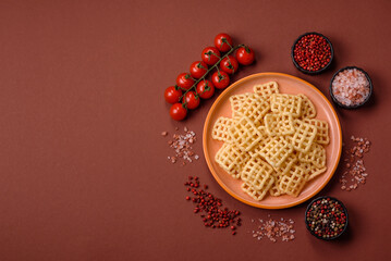 Lattice or wafer potato chips, crispy yellow snacks, takeaway food