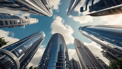 Skyscrapers ascend towards a bright, partly cloudy sky.