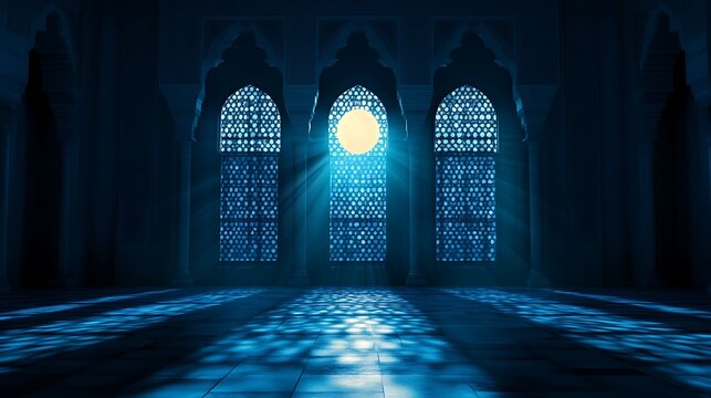 Moonlight streams through ornate lattice windows illuminating the blue toned interior space in a building - Powered by Adobe