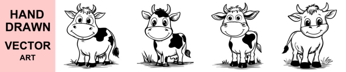Smiling Cow Cartoon Vector Art Set for Farm Animal Education, Children’s Storybooks, Merchandise, and Cute Character Illustration Projects