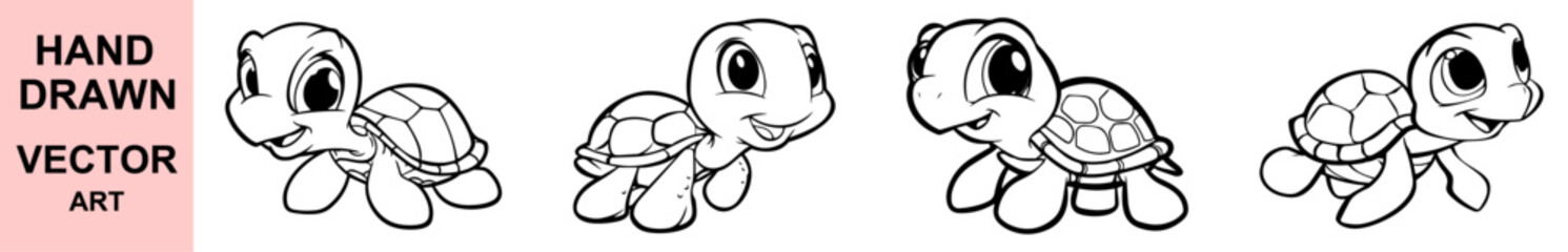 Cute Turtle Vector Cartoon Characters Collection for Kids Coloring Book and Animal Education Projects in Digital Line Art Style