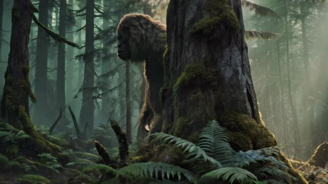 The Sasquatch, or Bigfoot, a legendary, ape-like creature roaming through the forest.