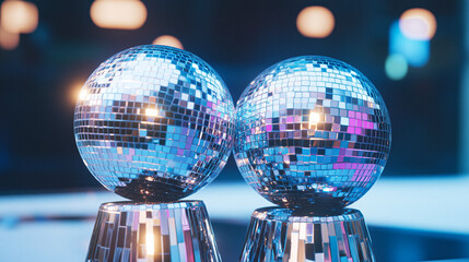 silver mirror balls glowing with colorful neon reflections