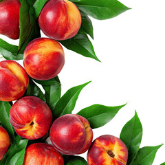 Juicy peaches with vibrant green leaves create a fresh composition. The peaches look ripe, ready to be enjoyed. The image conveys freshness and natural sweetness