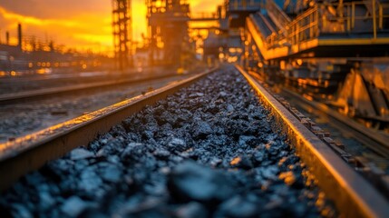 Obraz premium Industrial railway tracks filled with dark stones at sunset