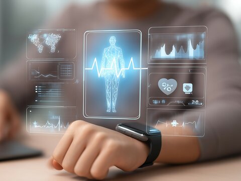 Man use smart watch for health care technology monitoring, ai analysis body to report and check health. Application track health Concept