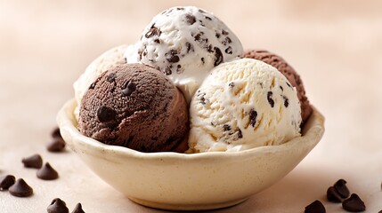 Milk dark white chocolate ice cream scoops in ceramic bowl with chocolate chips overhead soft beige background