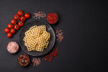 Lattice or wafer potato chips, crispy yellow snacks, takeaway food