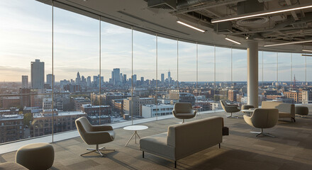Cityscape from modern office: A captivating perspective from inside a contemporary office space. Expansive floor-to-ceiling windows showcase a bustling city skyline.