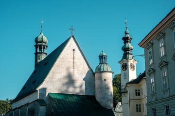 Historic Church and Clock Tower in Banská Štiavnica, Slovakia