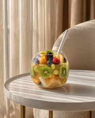 A fresh and vibrant smoothie, a mixture of tropical fruits and berries swirled together, a glass container with a straw on a minimalist white tabletop