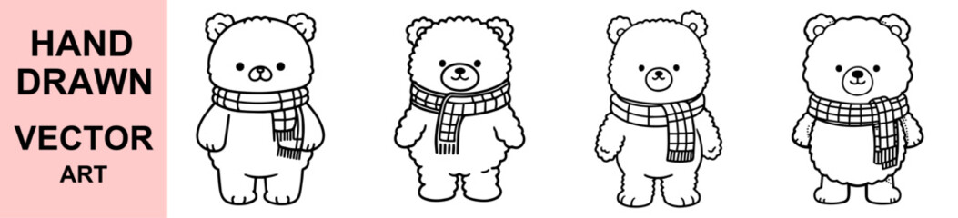 Adorable Hand Drawn Teddy Bear Vector Illustrations Wearing Scarves, Winter Season Clipart, Cute Animal Cartoon Character Collection for Kids, Printable Art, Design Use
