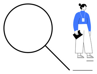 Large magnifying glass for focus, woman holding clipboard ready for observation. Ideal for research, analysis, inspection, discovery, investigation, detail review and knowledge concepts. Clean flat