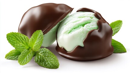 Mint flavored ice cream coated chocolate shell with mint leaves on side isolated image with glossy finish