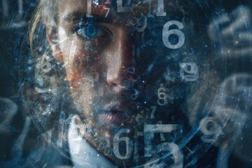 Time traveler exploring the mysteries of time with numbers and galaxies swirling around him in a futuristic setting