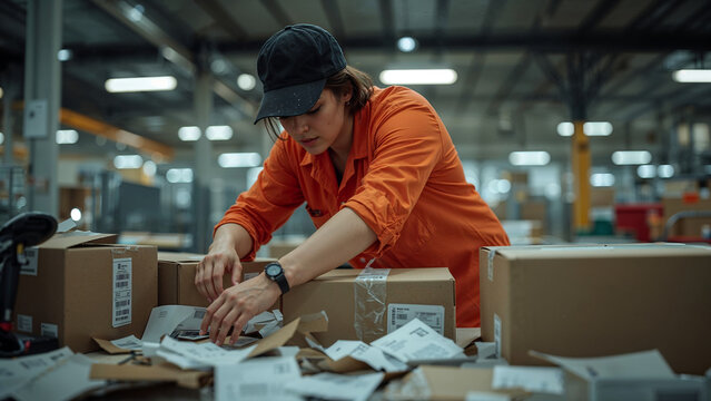 Courier manager in orange uniform organizes parcels at a cluttered desk with scanner, labels, and stickers. Motion, cap, and warm warehouse lighting convey energy and professional focus.
