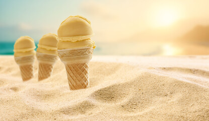 Delicious ice cream in waffle cone on sandy beach with copy space in sand and sea and sky...