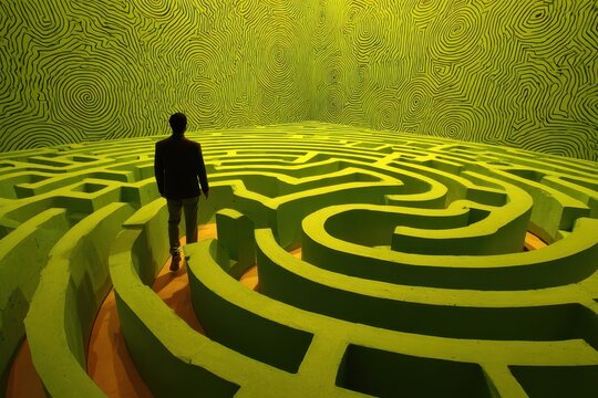 Feeling lost and trapped in a vibrant green maze with intricate patterns, a figure stands still contemplating the way forward during an introspective moment
