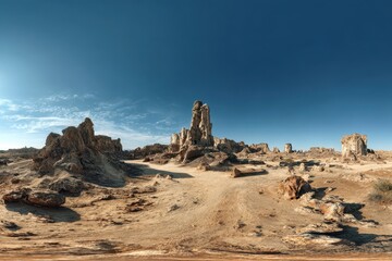 Obraz premium Panoramic view of alien desert landscape featuring towering rock formations and clear blue sky at midday