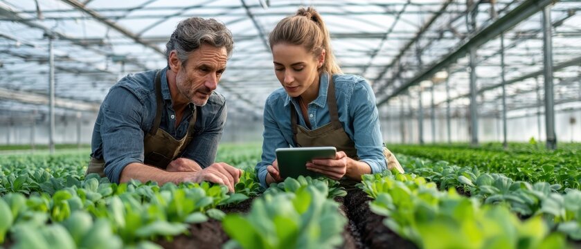 The experienced farmer guides the younger colleague in greenhouse plant care.