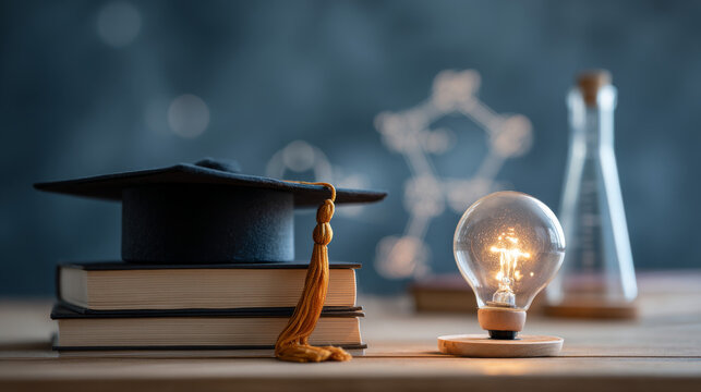 Graduation cap with a lightbulb on the book and icon learning in the classroom. Education learning concepts in school or university. Idea knowledge of innovative technology, science, and mathematics.