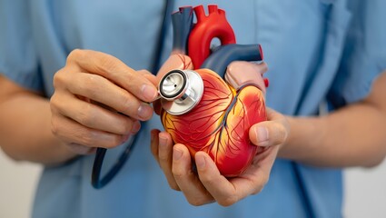 man uses a stethoscope to check the heartbeat. red heart shape exercise ball in hands with doctor physician's stethoscope on chest. hospital life insurance concept, world heart health day. doctor day.